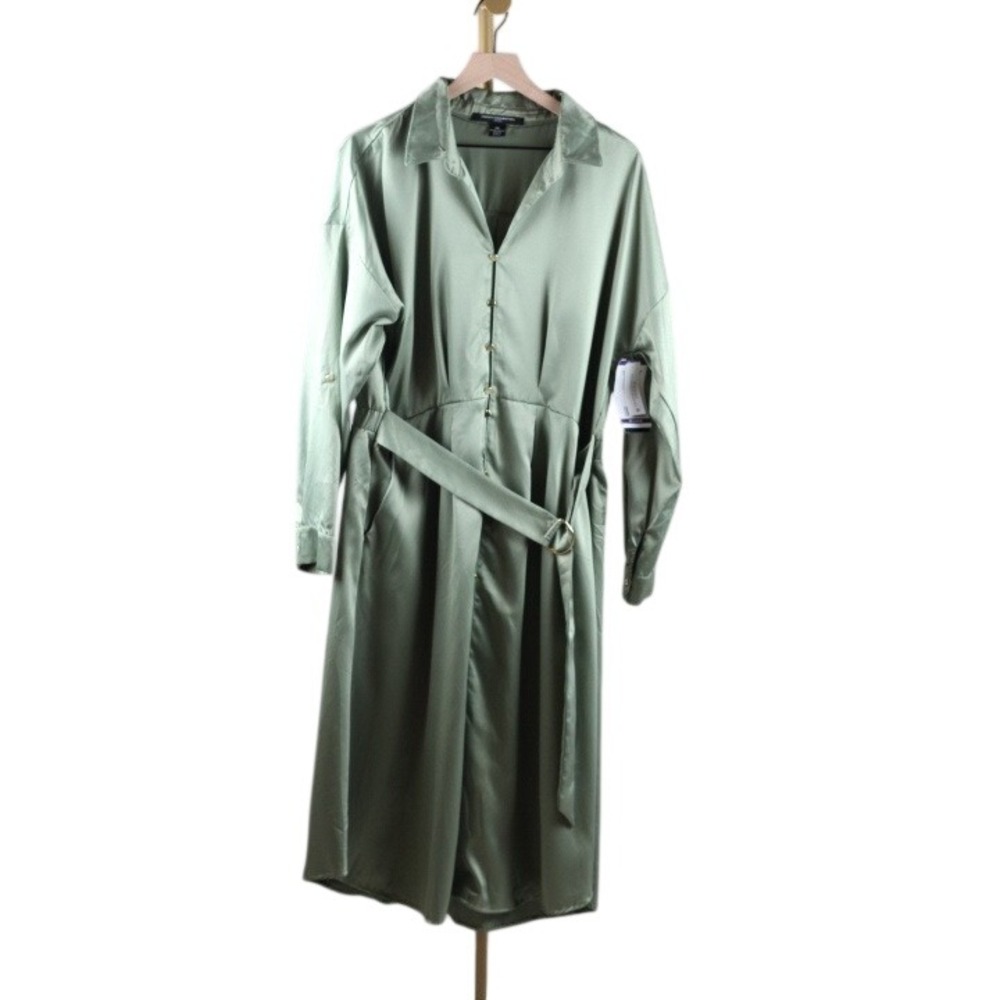 French Connection Olive Green Satin Long Shirt Dress XXL New With Tags Belted